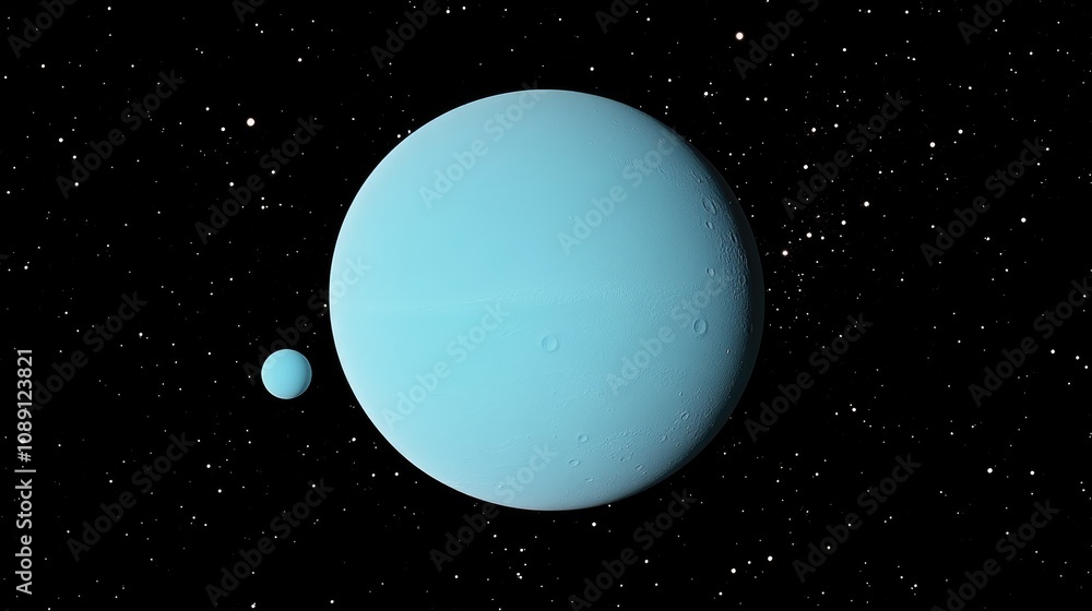 A vibrant representation of Uranus featuring two prominent moons, all set against a starry cosmic backdrop that enhances the celestial scene. A vibrant representation of Uranus featuring two prominent moons, all set against a starry cosmic backdrop that enhances the celestial scene.