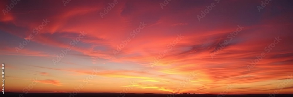 Fototapeta premium Warm hues of orange and pink fade across the sky as day succumbs to nightfall, golden light, fading daylight, calm sea