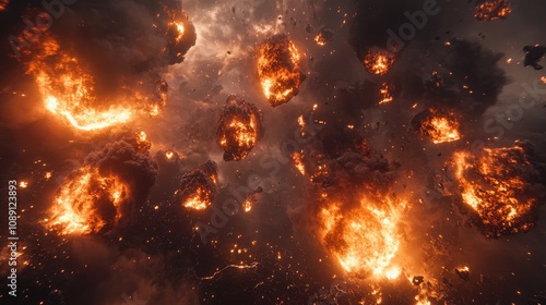 Vivid sequence of explosive fireballs creating intense flames and thick smoke, dramatically contrasting with a dark backdrop.