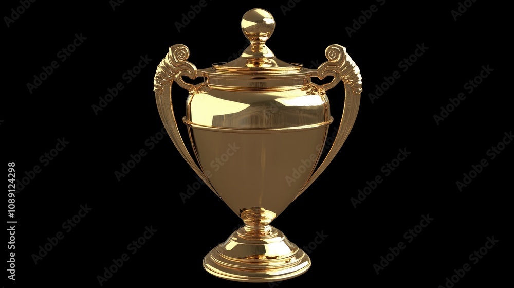 3D rendering of a glossy golden trophy with ornate handles, symbolizing victory in a competitive sports scene with a sleek black background. 3D rendering of a glossy golden trophy with ornate handles, symbolizing victory in a competitive sports scene with a sleek black background.