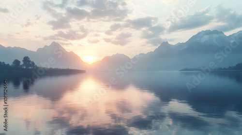 Serene Sunset over Mountain Lake