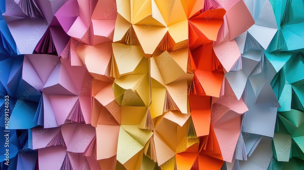 Obraz premium Vibrant display of neatly folded colored papers arranged in a stunning gradient, ideal for artistic backdrops and creative crafting projects.