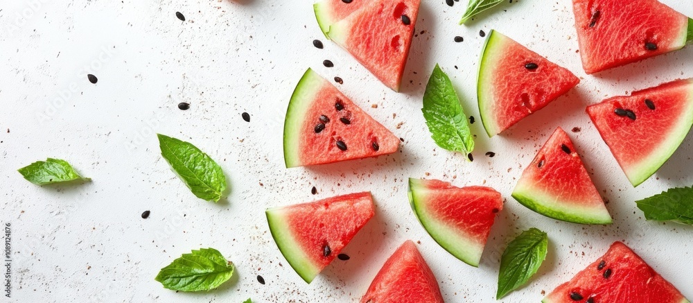 Watermelon Slices with Mint Leaves on a White Background Watermelon Slices with Mint Leaves on a White Background