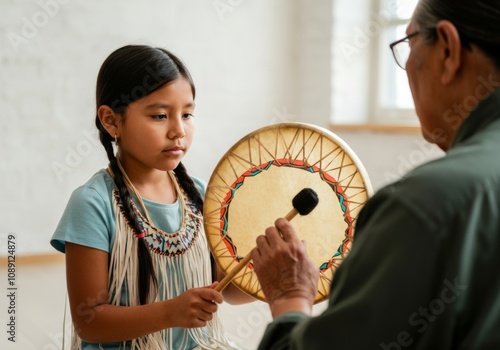 Young Native American girl learning traditional drum with elder instructor in cultural setting photo