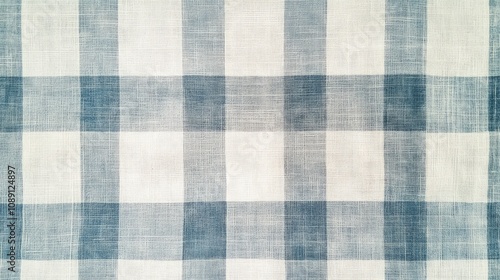 Close-up view of textured checkered fabric with alternating white and light blue squares, ideal for stylish tablecloths and home decor.