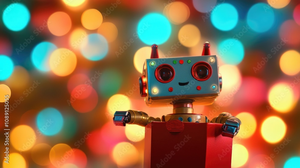 Fototapeta premium Charming robot joyfully unboxing a present, set against a colorful bokeh light backdrop that enhances the festive atmosphere.