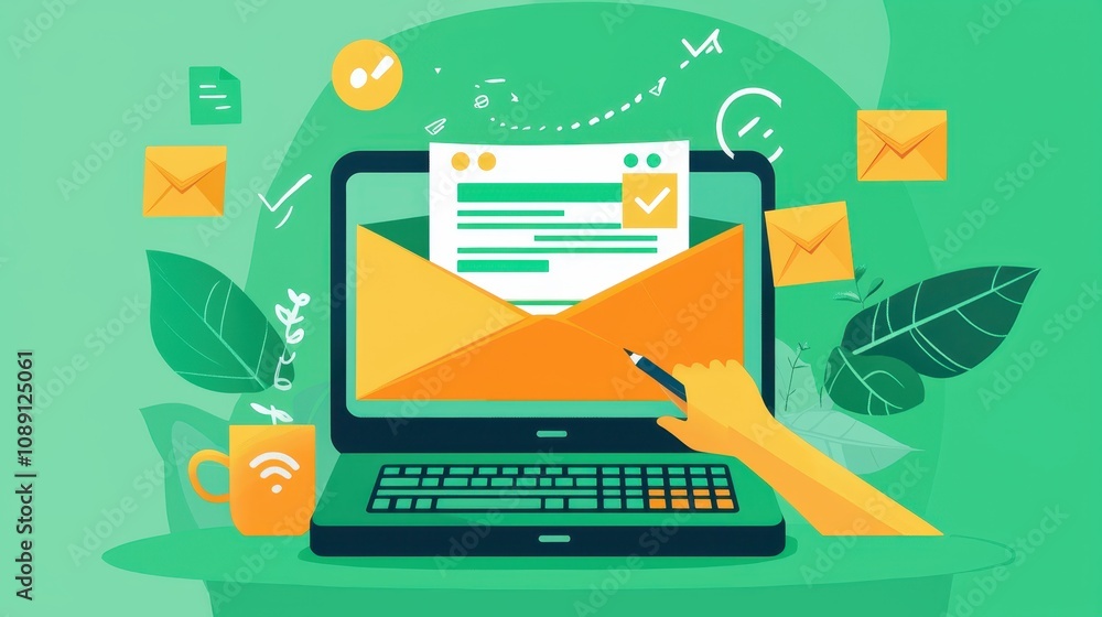 Digital Communication Concept Featuring a Computer Screen Displaying Email Interaction with Envelopes, Documents, and Coffee Mug Surrounded by Leaves in a Bright Color Palette Digital Communication Concept Featuring a Computer Screen Displaying Email Interaction with Envelopes, Documents, and Coffee Mug Surrounded by Leaves in a Bright Color Palette