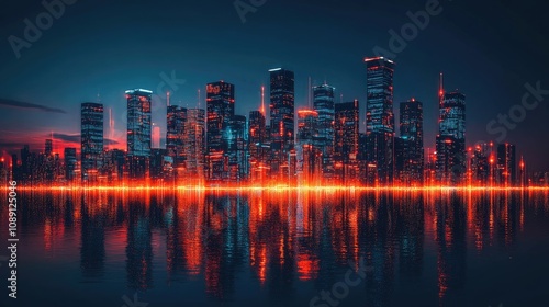 Futuristic city skyline illuminated by vibrant neon lights reflecting on water, showcasing innovative architecture and advanced technology.