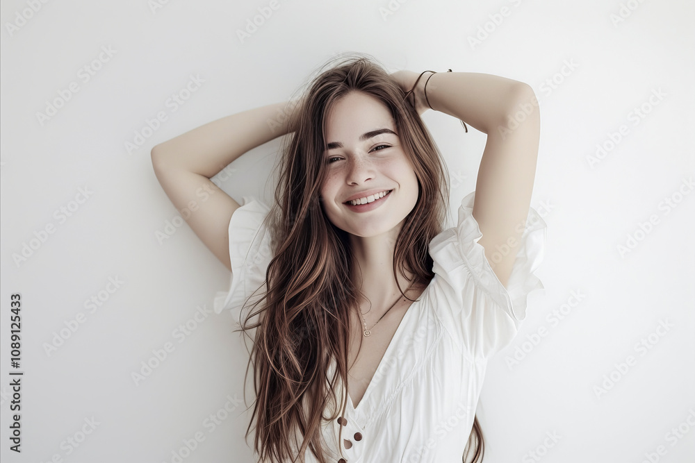 A woman with long brown hair is smiling and posing for a picture. She is wearing a white dress and a necklace A woman with long brown hair is smiling and posing for a picture. She is wearing a white dress and a necklace