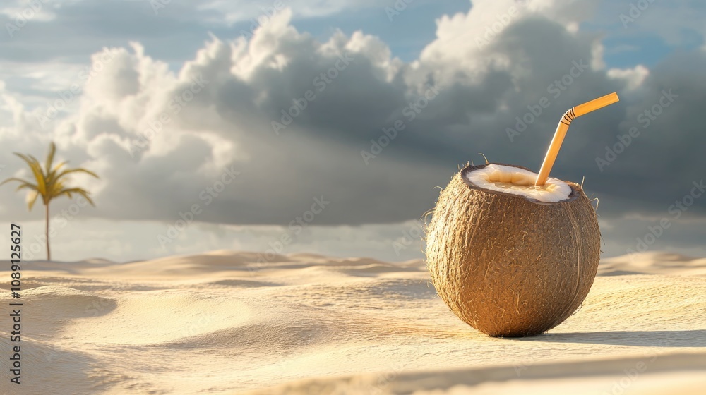 Coconut beverage with a straw resting on a tranquil sandy beach, serene atmosphere with distant palm tree and dramatic cloud formations. Coconut beverage with a straw resting on a tranquil sandy beach, serene atmosphere with distant palm tree and dramatic cloud formations.
