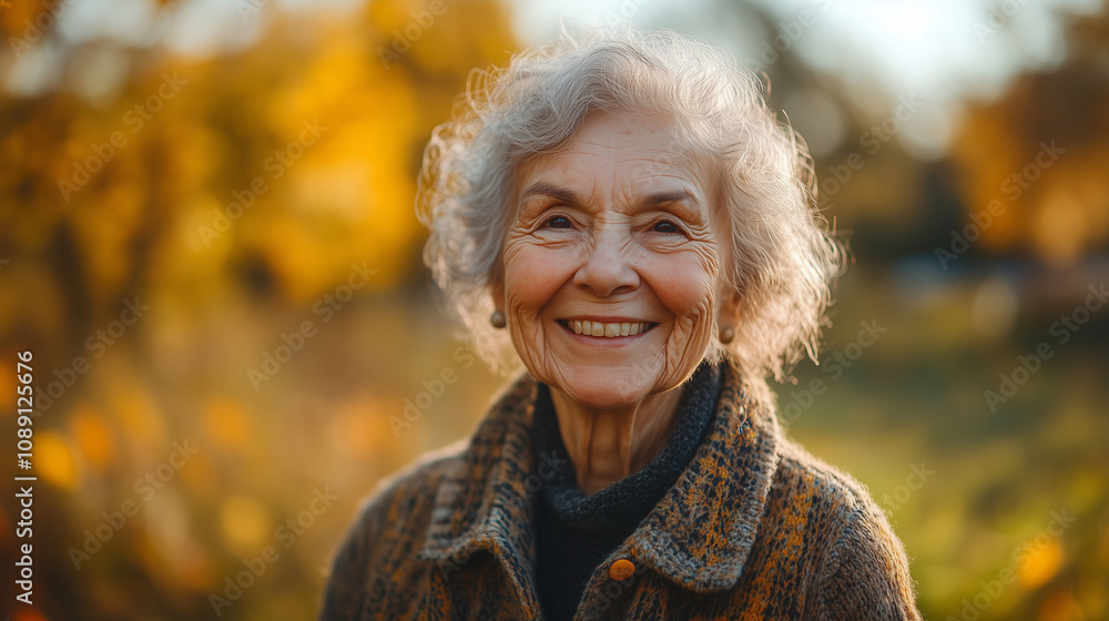 Elderly woman smiles warmly in a sunlit field surrounded by autumn colors and vibrant foliage. Generative AI Elderly woman smiles warmly in a sunlit field surrounded by autumn colors and vibrant foliage. Generative AI