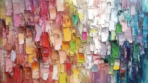Vibrant abstract oil painting with dynamic palette knife textures showcasing bold brushstrokes and intricate colorful layers on canvas.