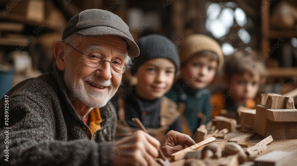 Elderly artisan teaches woodworking skills to young children in a cozy workshop filled with crafted wood pieces. Generative AI Elderly artisan teaches woodworking skills to young children in a cozy workshop filled with crafted wood pieces. Generative AI