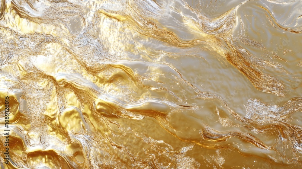 Obraz premium Abstract gold holographic foil texture with iridescent wavy patterns and metallic reflections, resembling cosmic liquid ripples for creative design projects.