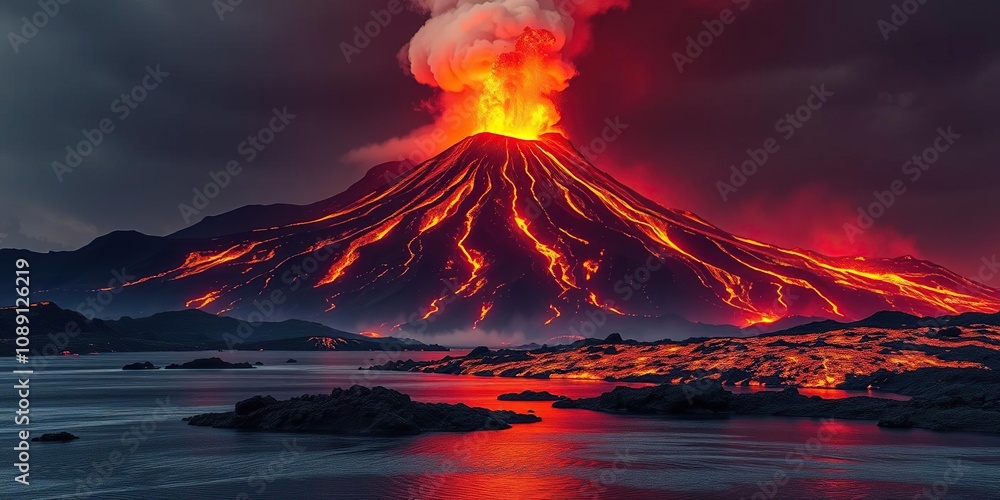 Volcanic eruption with lava flowing into a lake, earthscapesphotography, geologicalphenomenon Volcanic eruption with lava flowing into a lake, earthscapesphotography, geologicalphenomenon