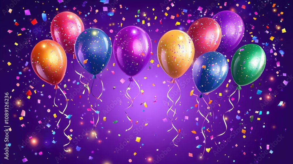 Colorful birthday balloons in various shades floating with sparkling confetti against a vibrant purple background, creating a festive atmosphere. Colorful birthday balloons in various shades floating with sparkling confetti against a vibrant purple background, creating a festive atmosphere.