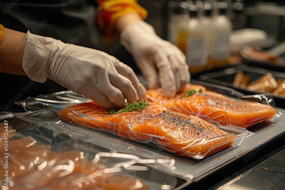 A chef wearing gloves arranges fresh salmon fillets with herbs on a tray, preparing them for packaging in a kitchen setting. A chef wearing gloves arranges fresh salmon fillets with herbs on a tray, preparing them for packaging in a kitchen setting.