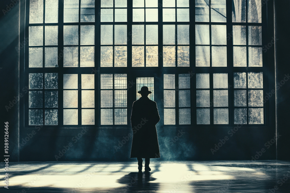 Silhouette of a person in a coat and hat standing in a large, dimly lit room with a grid of tall windows casting light and shadows on the floor. Silhouette of a person in a coat and hat standing in a large, dimly lit room with a grid of tall windows casting light and shadows on the floor.