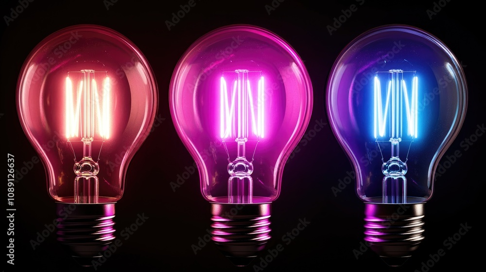 Glowing neon light bulbs in pink, purple, and blue hues against a dark background, showcasing a vibrant and modern aesthetic. Glowing neon light bulbs in pink, purple, and blue hues against a dark background, showcasing a vibrant and modern aesthetic.