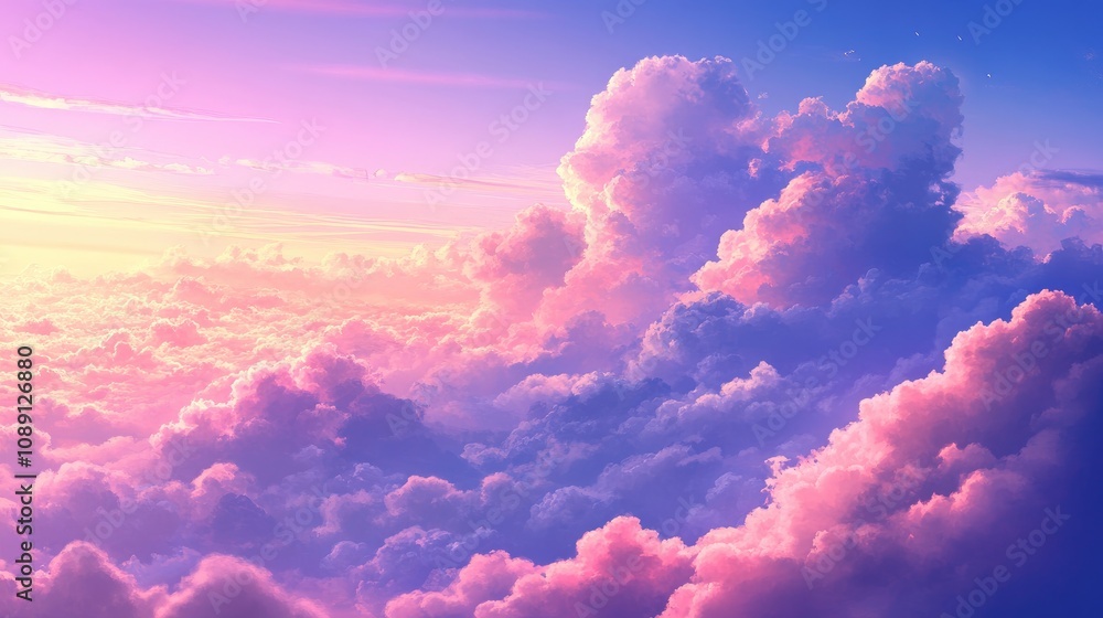 Aerial view of vibrant pink and purple clouds illuminated by sunset, creating a dreamy sky with soft, billowing formations.