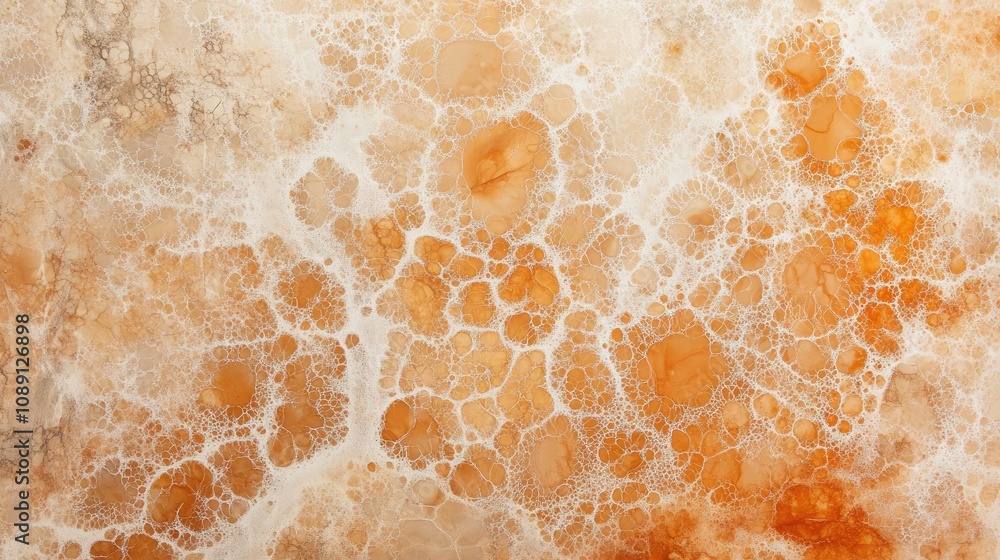Abstract resin artwork with textured canvas showcasing cellular patterns in light orange and cream hues, resembling marble-like formations. Abstract resin artwork with textured canvas showcasing cellular patterns in light orange and cream hues, resembling marble-like formations.