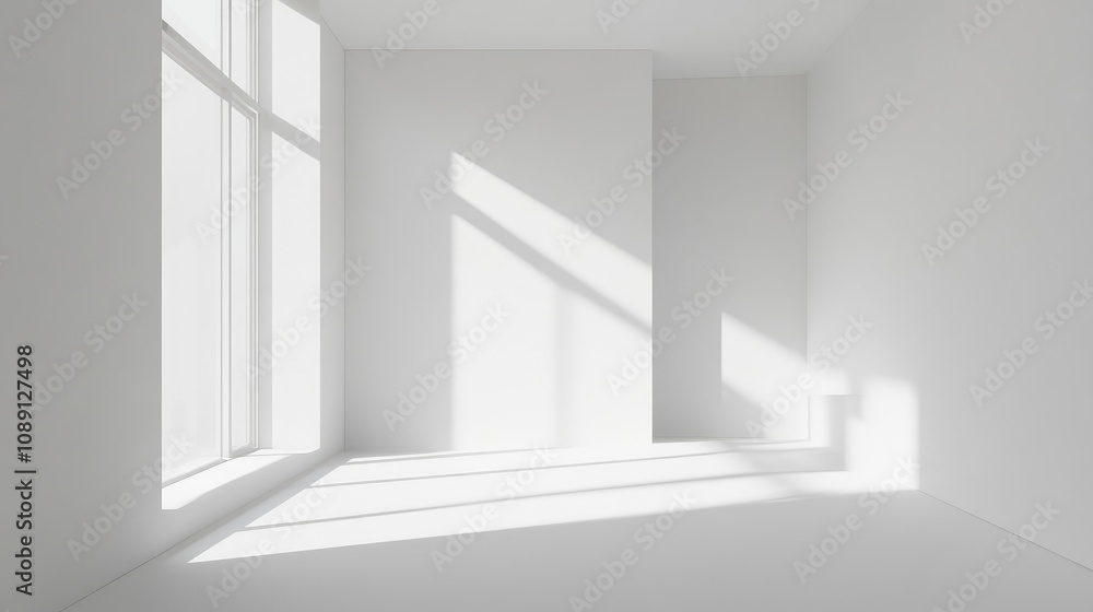 Bright minimalist interior featuring white walls and floor, with natural light streaming through a large window, creating soft shadows and a serene atmosphere. Bright minimalist interior featuring white walls and floor, with natural light streaming through a large window, creating soft shadows and a serene atmosphere.