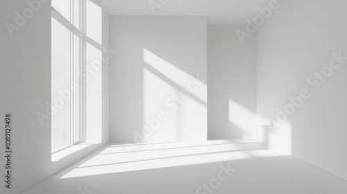 Wallpaper Mural Bright minimalist interior featuring white walls and floor, with natural light streaming through a large window, creating soft shadows and a serene atmosphere. Torontodigital.ca