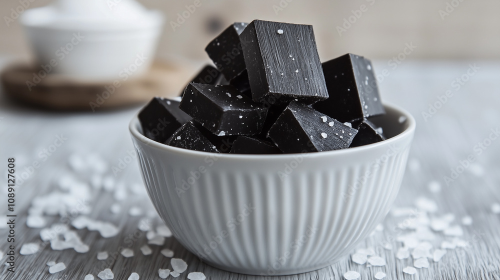 Salmiakki cubes with salt flakes in a white bowl Salmiakki cubes with salt flakes in a white bowl