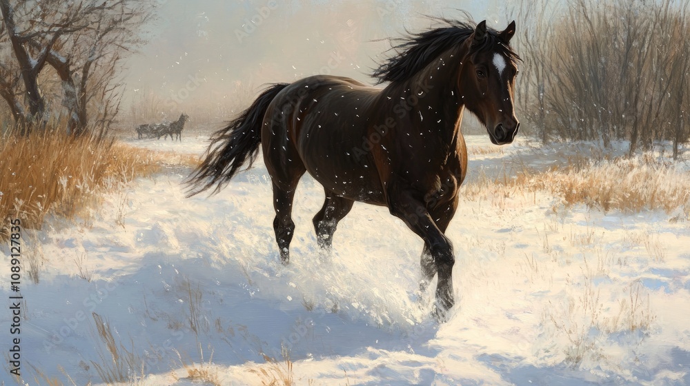 A dark brown horse strides gracefully through a snowy landscape, its head lowered, surrounded by glistening snowflakes and muted winter scenery. A dark brown horse strides gracefully through a snowy landscape, its head lowered, surrounded by glistening snowflakes and muted winter scenery.