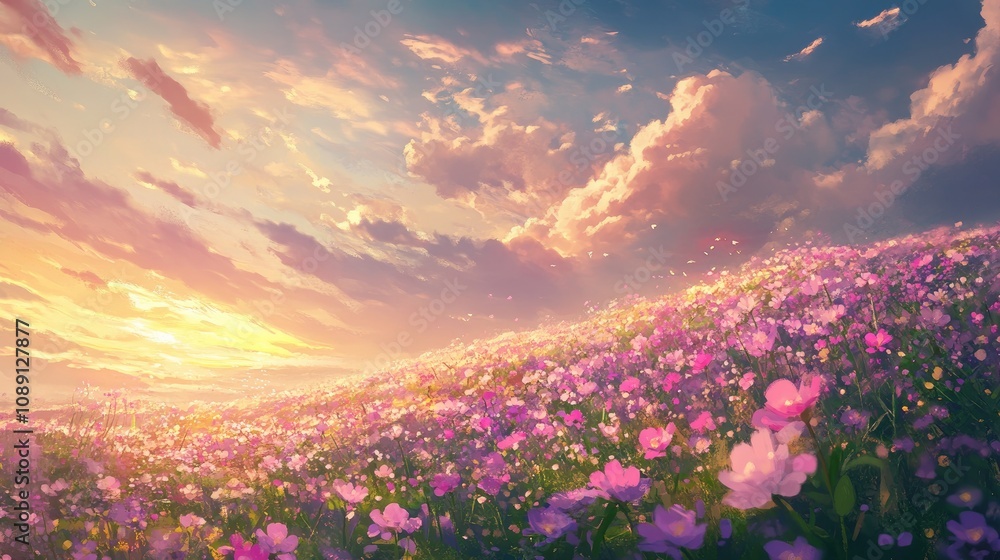 A vibrant meadow adorned with pink and purple flowers illuminated by a serene sunset, complemented by soft clouds in a peaceful sky. A vibrant meadow adorned with pink and purple flowers illuminated by a serene sunset, complemented by soft clouds in a peaceful sky.