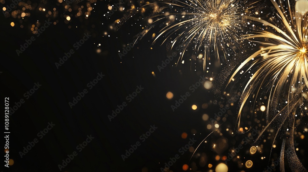 Fototapeta premium Spectacular white and gold fireworks bursting in the night sky with a dark backdrop, offering generous space for customizable text and celebrations.