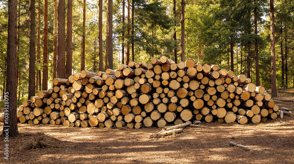 Woodcutting and Forestry, Wood Lumber in Stack, Firewood and Fuel, Freshly Cut Logs Stacked in Forest Woodcutting and Forestry, Wood Lumber in Stack, Firewood and Fuel, Freshly Cut Logs Stacked in Forest