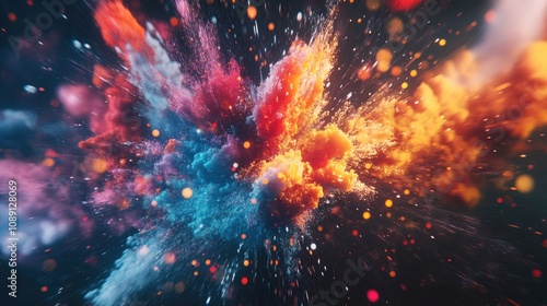Vivid cloud-like formations burst in bright colors of orange, blue, and red, creating a dynamic, abstract explosion against a dark background.