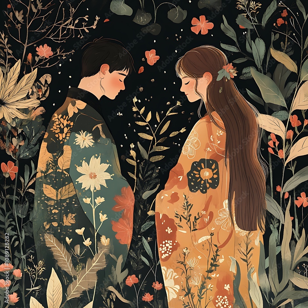 Fototapeta premium A Couple Surrounded by Floral Patterns in a Dark Setting