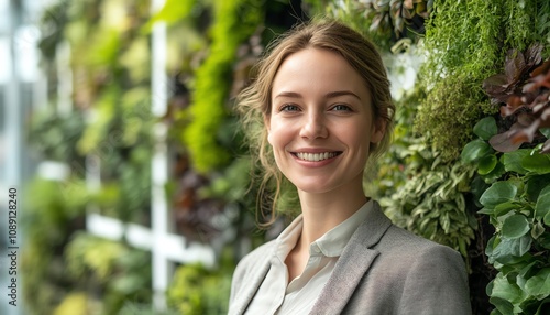 Woman in business casual attire smiling by indoor garden wall, plants growing on white trellises, natural light streaming through, lush green office design