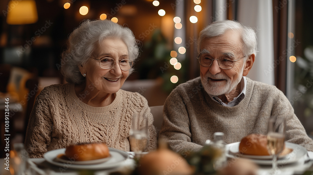 Elderly couple enjoying a cozy dinner together in a warmly lit setting during the holiday season. Generative AI Elderly couple enjoying a cozy dinner together in a warmly lit setting during the holiday season. Generative AI