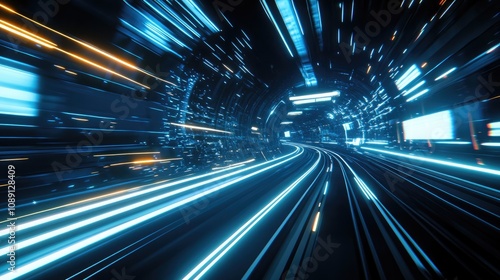 Futuristic train racing through a dynamic tunnel filled with luminous lines and holographic visuals, illustrating a sense of high-speed motion and modern technology.