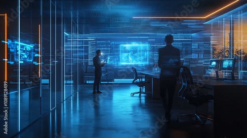 Futuristic Office with Holographic Devices and Interactive Visual Data