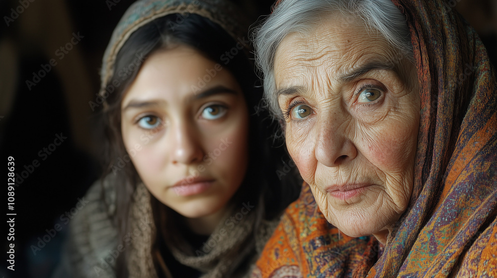 Two generations of women in a tranquil moment sharing wisdom and stories. Generative AI Two generations of women in a tranquil moment sharing wisdom and stories. Generative AI