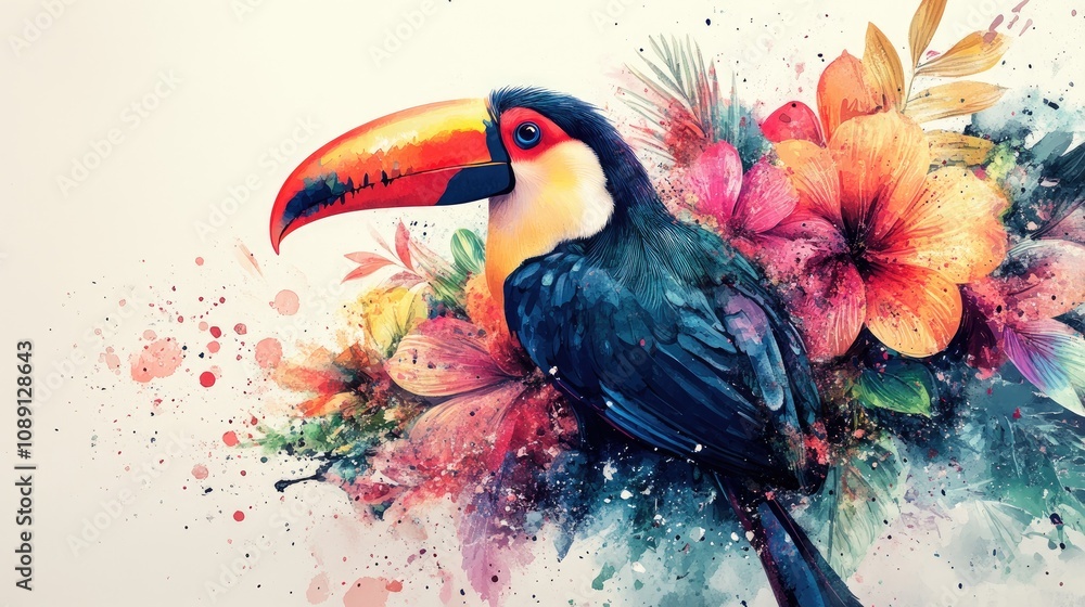 Fototapeta premium Colorful toucan perched amidst vibrant tropical flowers in a watercolor style, enhanced by dynamic paint splashes against a white background, evoking jungle beauty.