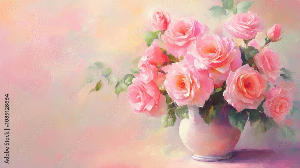 Stunning bouquet of soft pink roses in an elegant white vase against a dreamy pastel background, perfect for Mother's Day or women's celebrations. Stunning bouquet of soft pink roses in an elegant white vase against a dreamy pastel background, perfect for Mother's Day or women's celebrations.