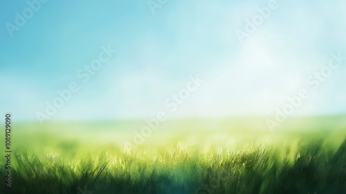 Lush green field bathed in sunlight with a bright blue sky and a dreamy blurred background, capturing the vibrant essence of spring and summer.