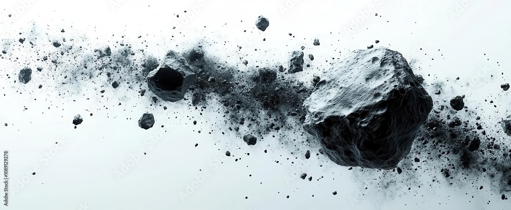 dramatic swarm of asteroids captured in motion isolated against a stark white background conveying a sense of cosmic chaos and the vastness of space in a striking visual dramatic swarm of asteroids captured in motion isolated against a stark white background conveying a sense of cosmic chaos and the vastness of space in a striking visual