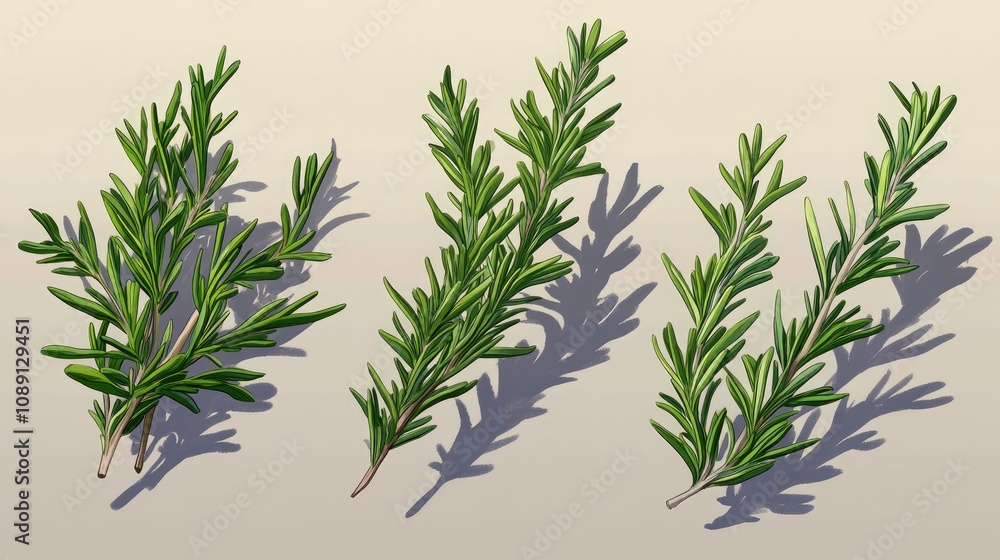 Fresh rosemary sprigs arranged artistically showcasing vibrant green colors and intricate leaf details against a light backdrop. Fresh rosemary sprigs arranged artistically showcasing vibrant green colors and intricate leaf details against a light backdrop.