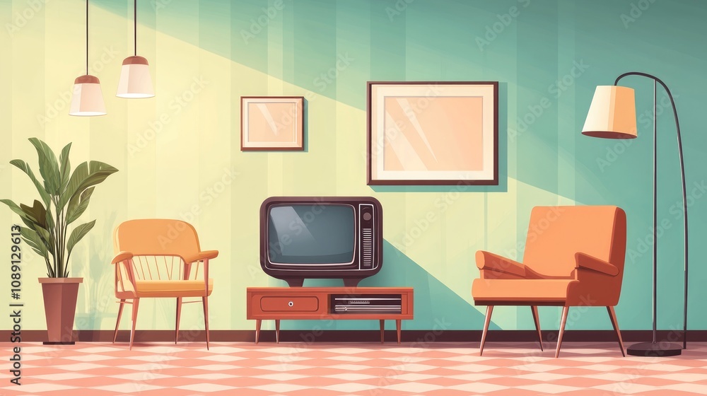 Fototapeta premium Retro living room with vintage furniture, classic television, and stylish warm lighting, creating a nostalgic and cozy atmosphere.