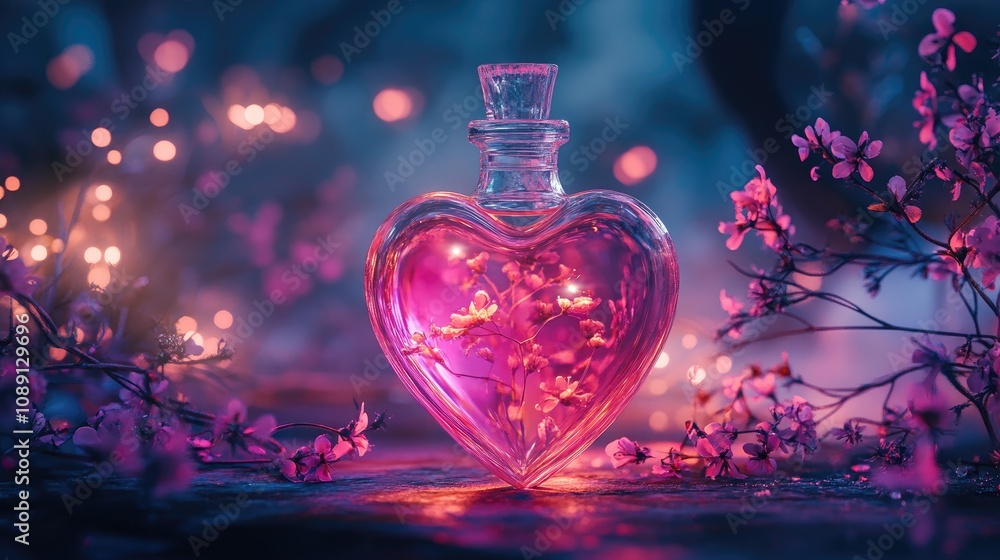 Heart-shaped glass bottle of radiant love potion surrounded by enchanting floral elements and a mystical, glowing background perfect for romantic gifts. Heart-shaped glass bottle of radiant love potion surrounded by enchanting floral elements and a mystical, glowing background perfect for romantic gifts.