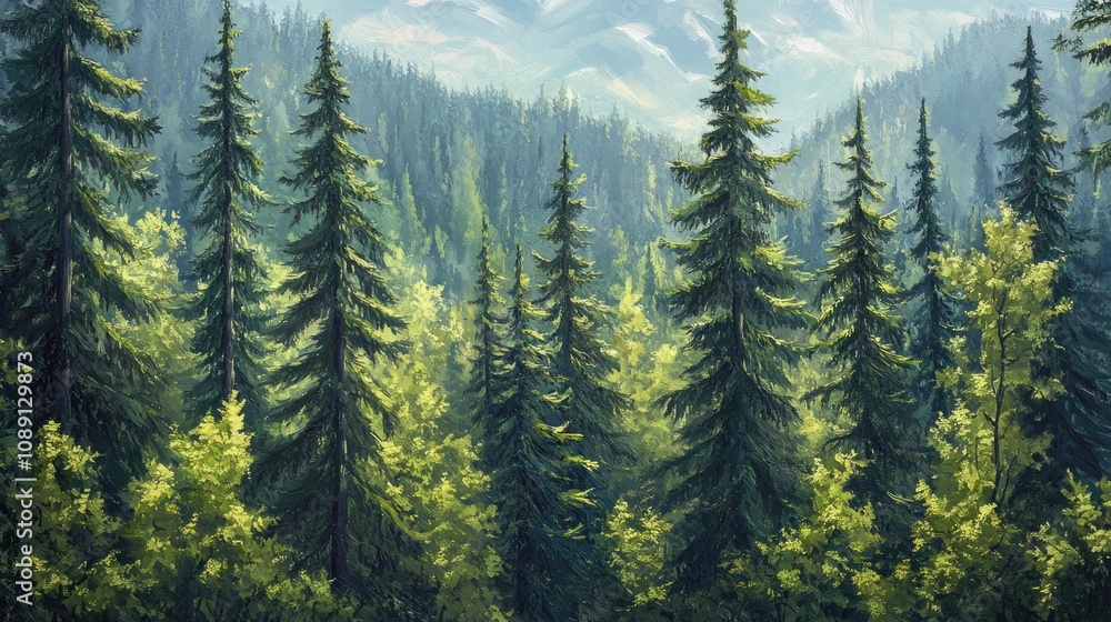 Fototapeta premium Vibrant spruce forest scene with sunlight filtering through treetops, showcasing lush greenery in a stunning panoramic landscape.