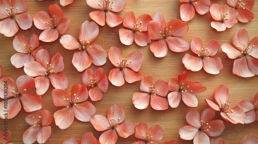 Obraz premium Close-up of soft pink cherry blossoms artfully scattered on a smooth wooden surface, showcasing delicate petals and floral details.