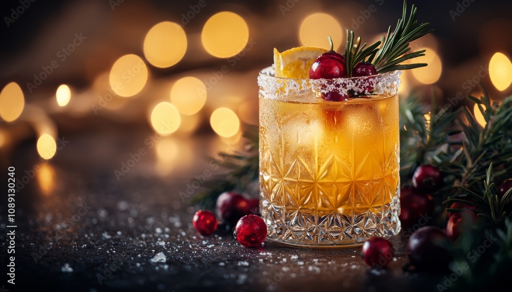 A festive cocktail garnished with cranberries and rosemary, set against a blurred backdrop of warm lights, perfect for holiday celebrations. A festive cocktail garnished with cranberries and rosemary, set against a blurred backdrop of warm lights, perfect for holiday celebrations.