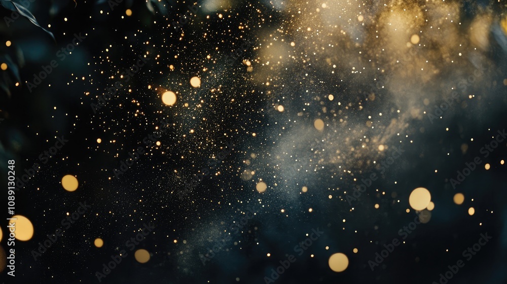 Fototapeta premium Elegant black background filled with shimmering golden sparkles, showcasing a dreamy blurred effect that adds depth and richness.